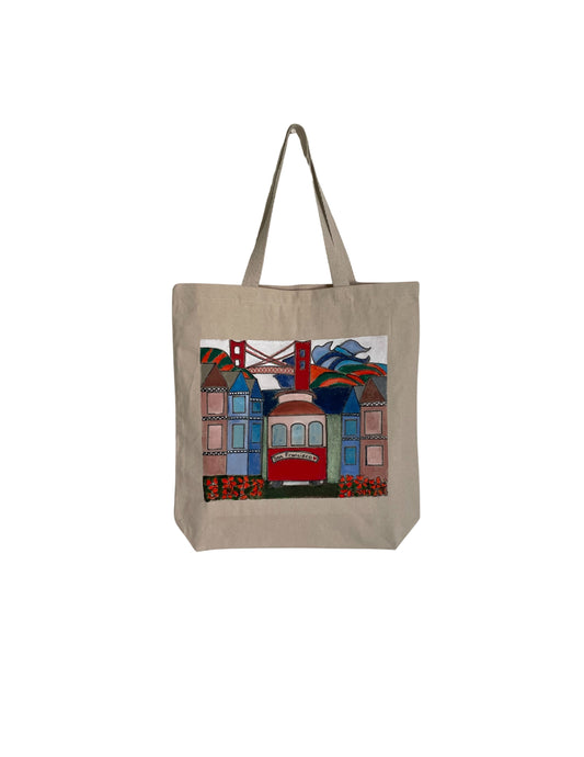 New! Hand-Painted San Francisco Cable Car Tote Bag |  San Francisco inspired | reusable bag