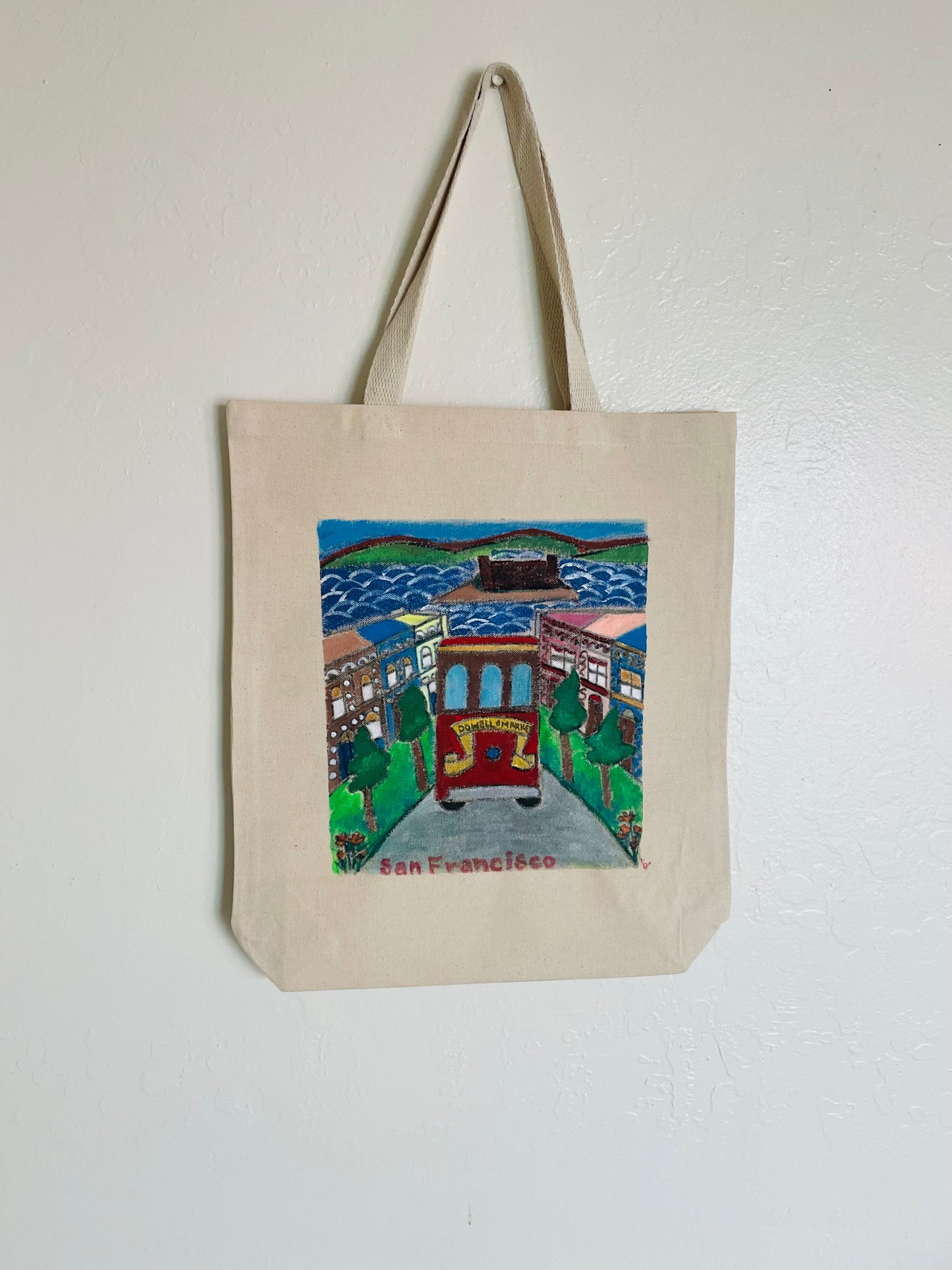 San Francisco's Cable Car and Fisherman's Wharf hand-painted tote-bag SOLD