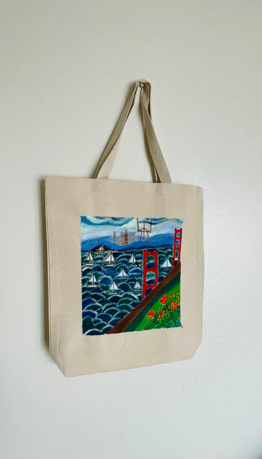 San Francisco's sailboats around Golden Gate Bridge hand-painted tote-bag