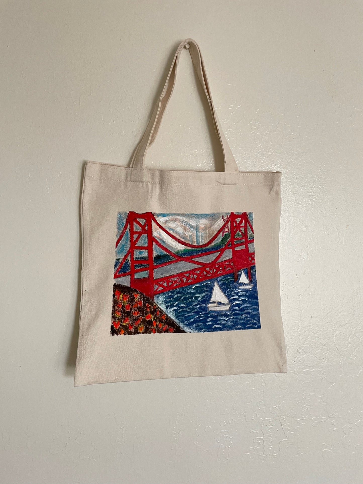 Hand-Painted San Francisco Tote Bag | Golden Gate Bridge Sailboats Design | Canvas Reusable Bag | Golden Gate Bridge  Art