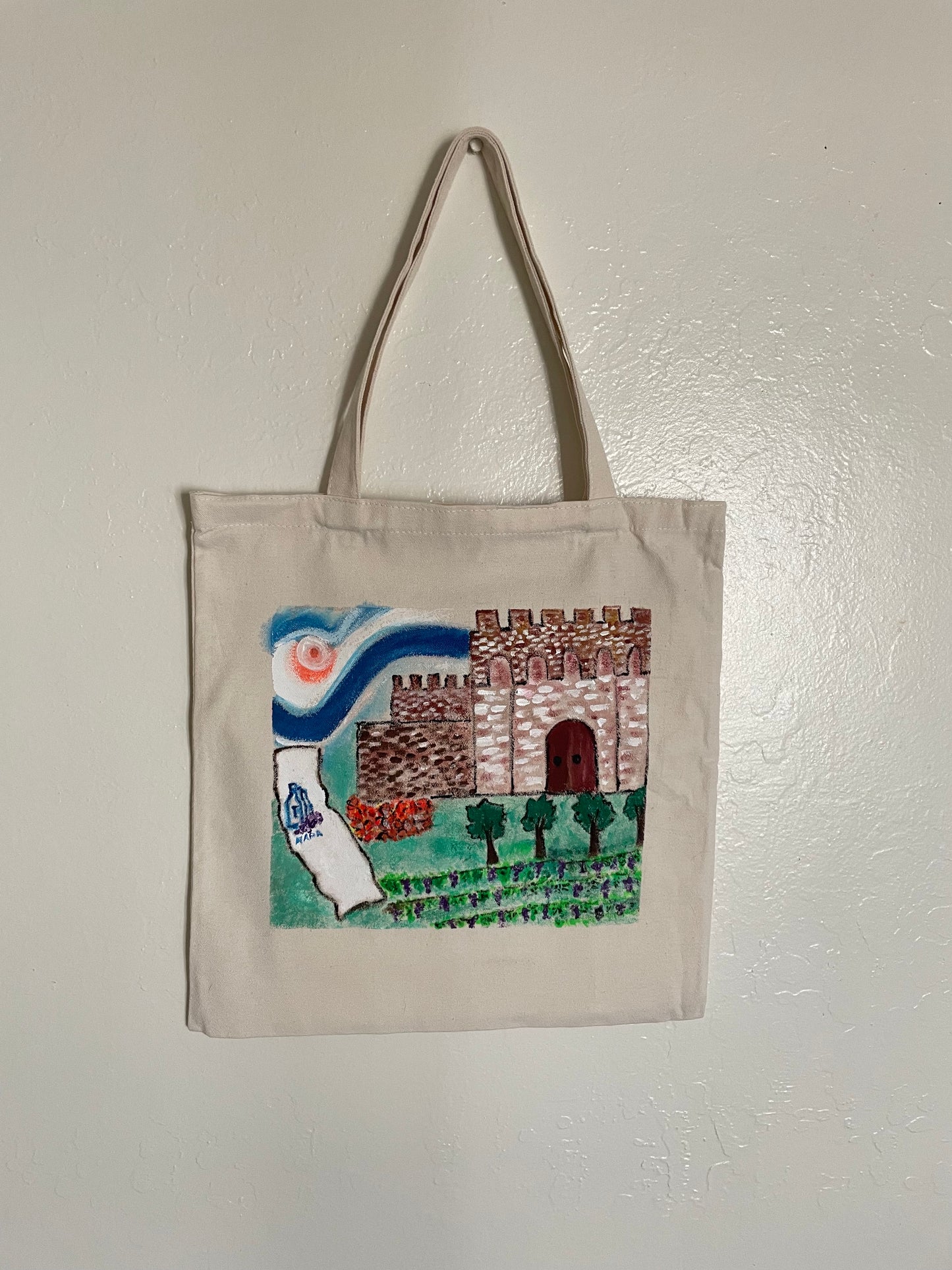 Hand-Painted San Francisco Napa Valley Tote Bag | Castello Di Amorosa Winery Design |Reusable Bag | Napa Valley Art