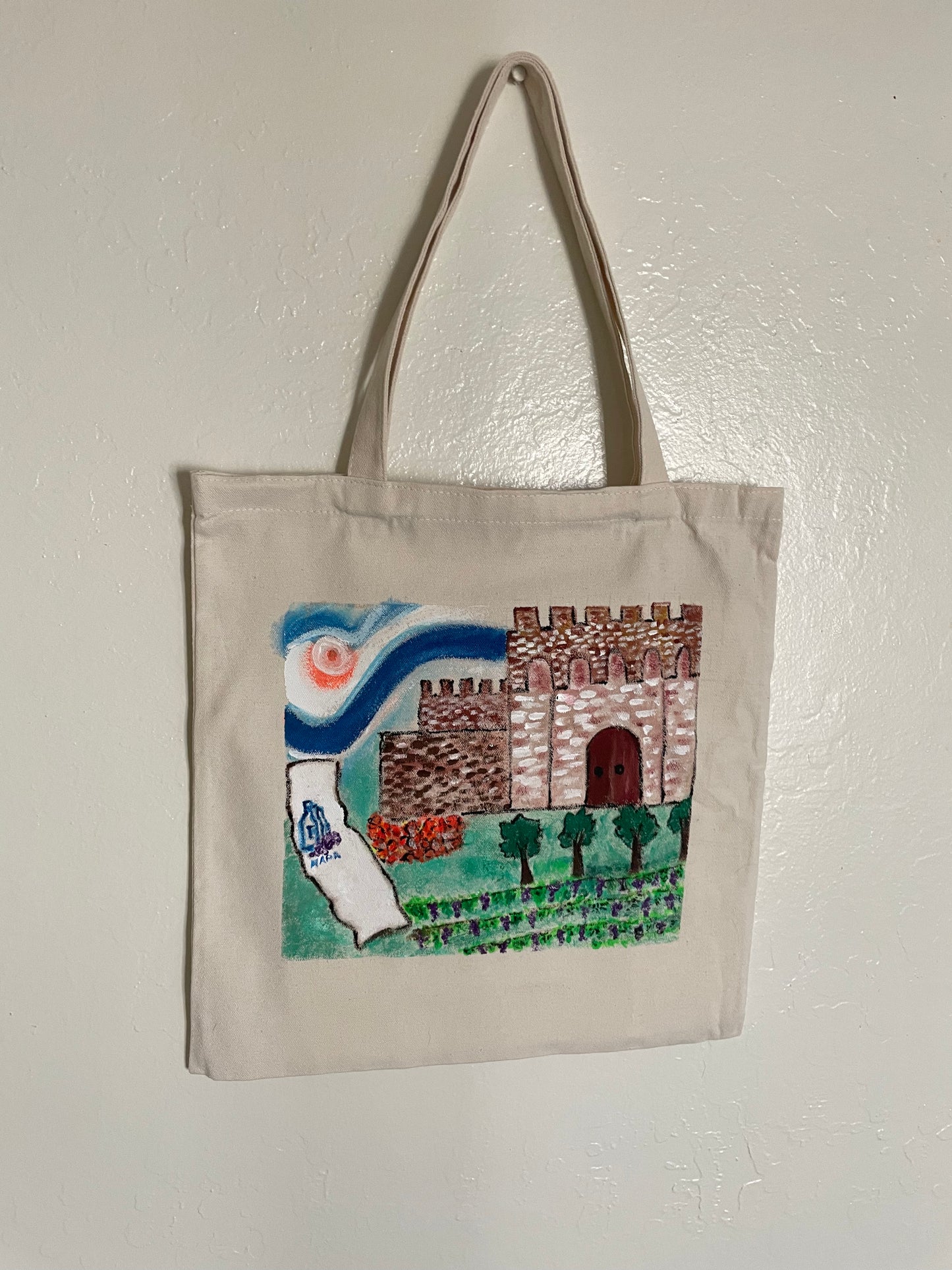 Hand-Painted San Francisco Napa Valley Tote Bag | Castello Di Amorosa Winery Design |Reusable Bag | Napa Valley Art