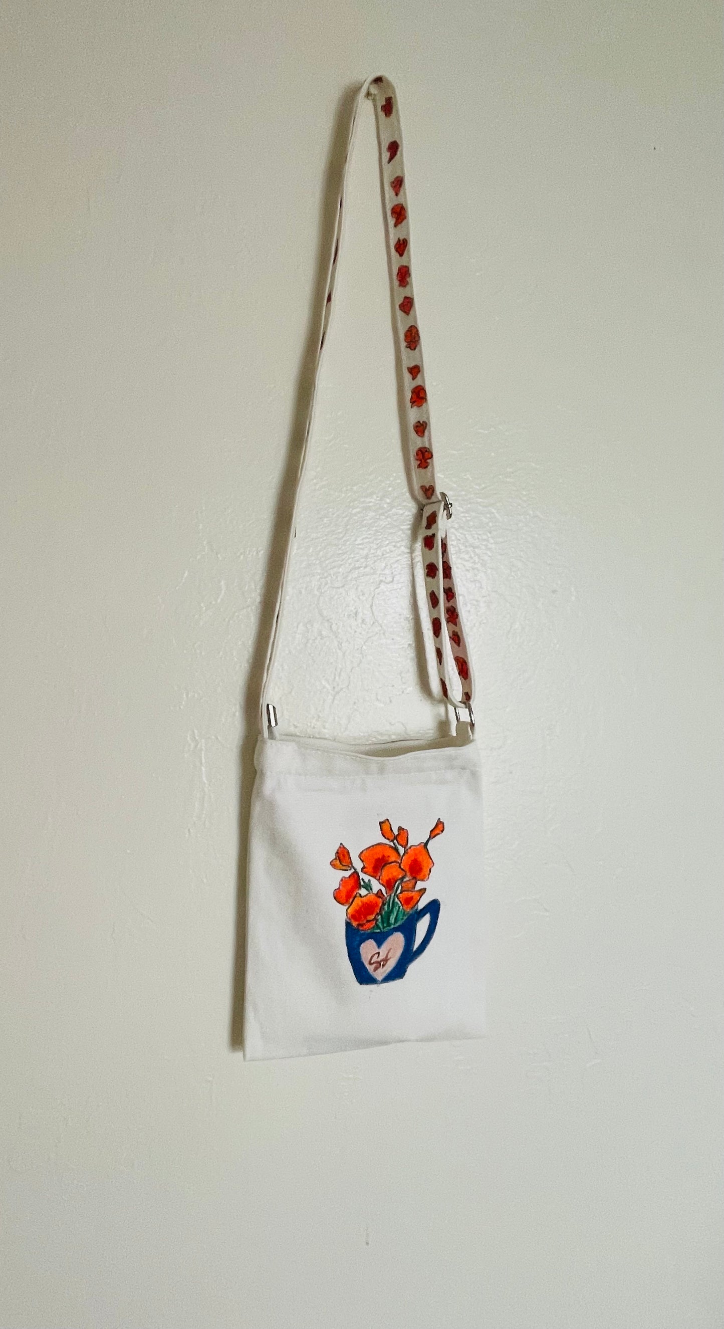 Sling-bag cross-body bag cotton, hand-painted, reusable with coffee mug and California poppies designs