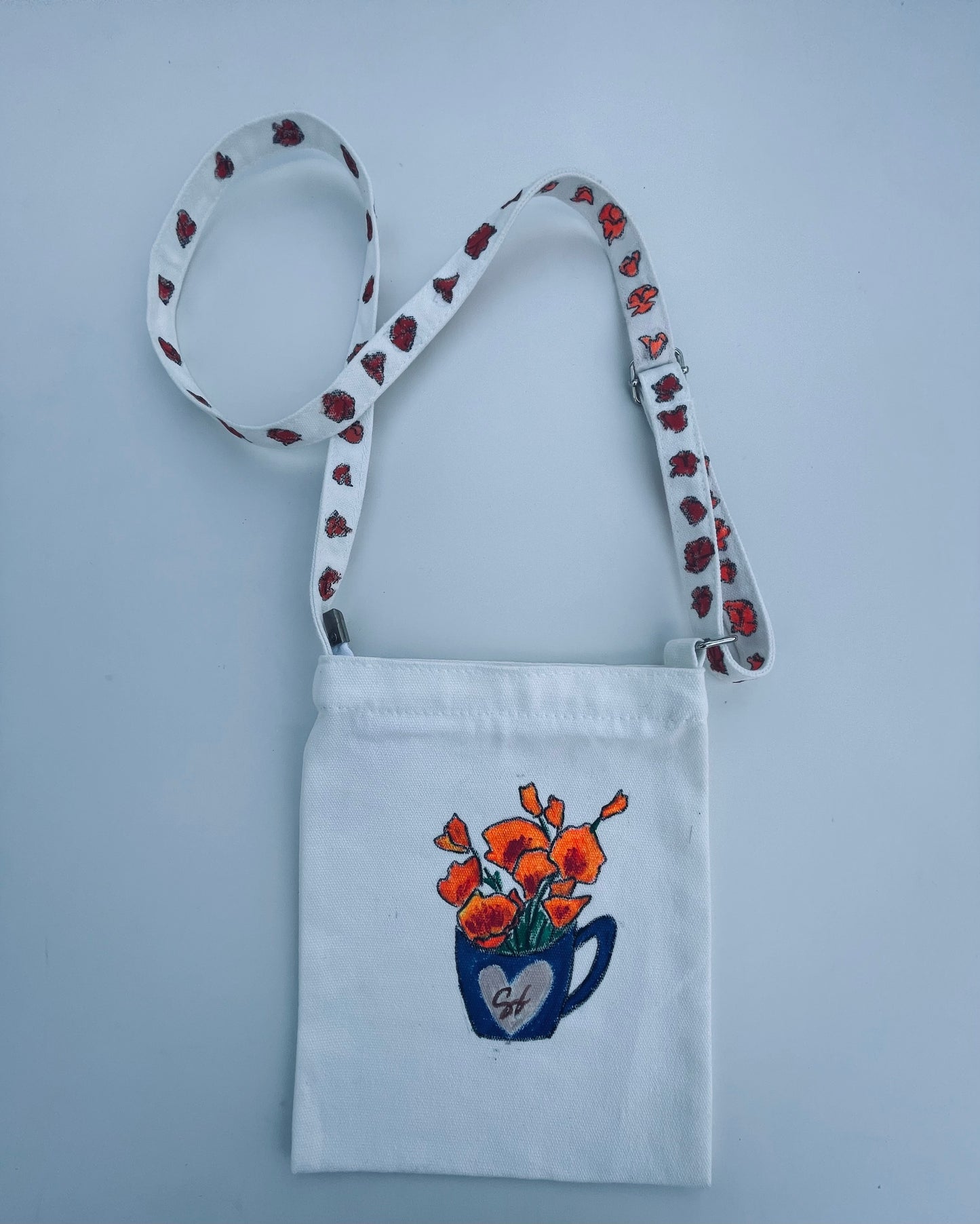 Sling-bag cross-body bag cotton, hand-painted, reusable with coffee mug and California poppies designs