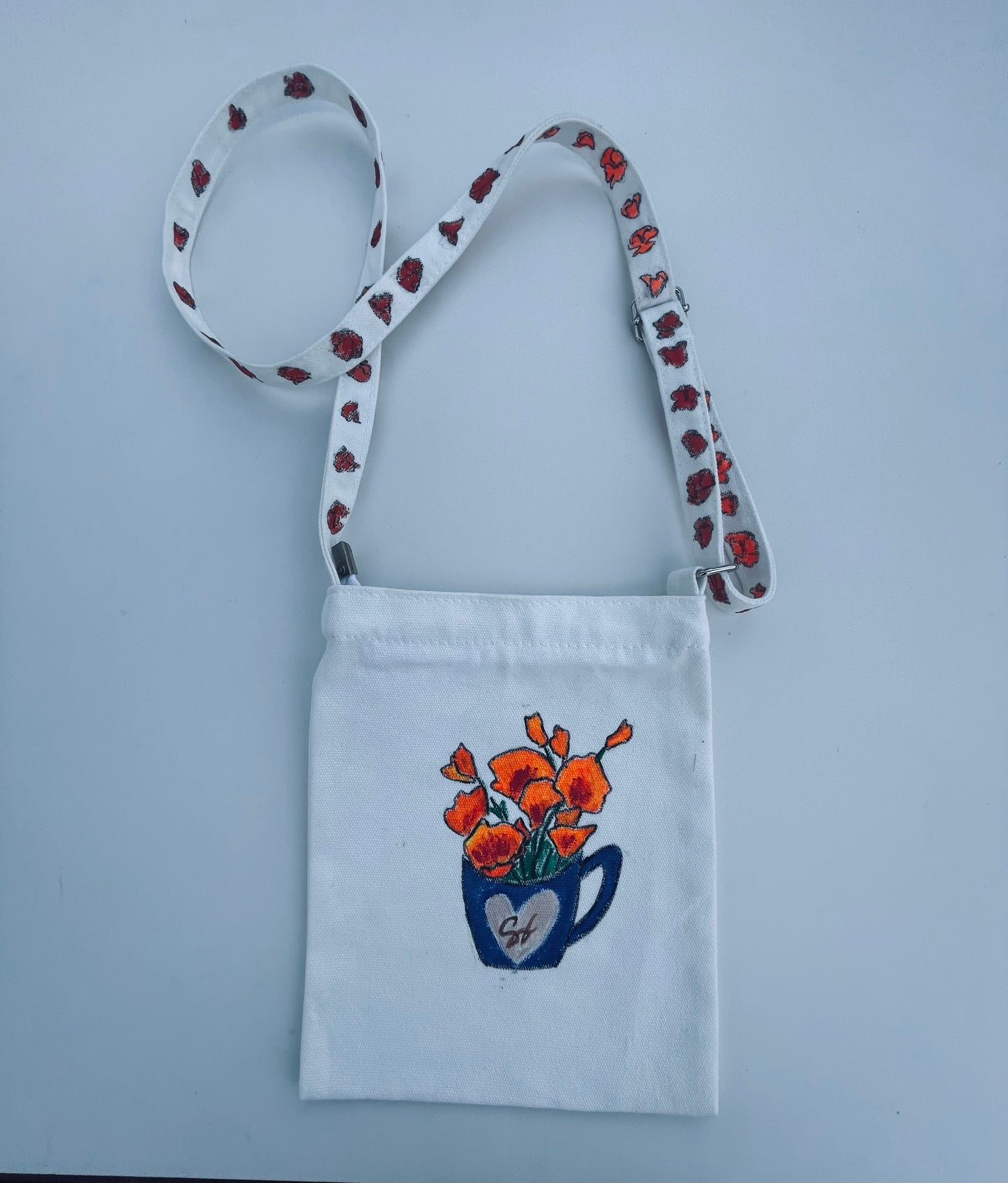 Sling-bag cross-body bag cotton, hand-painted, reusable with coffee mug and California poppies designs