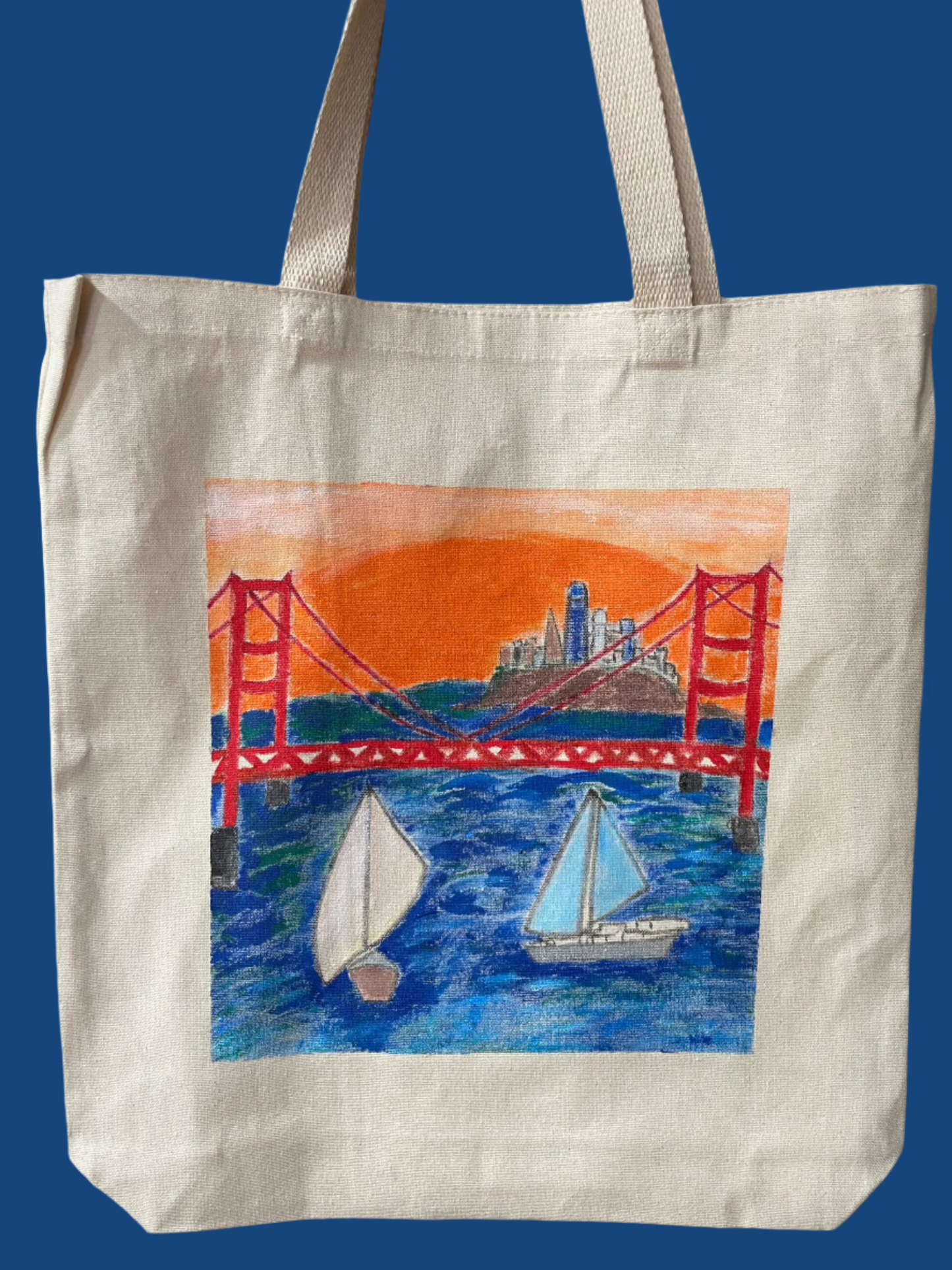 golden gate bridge, san francisco, hand-painted tote-bag, sailboats, city skiyline, 