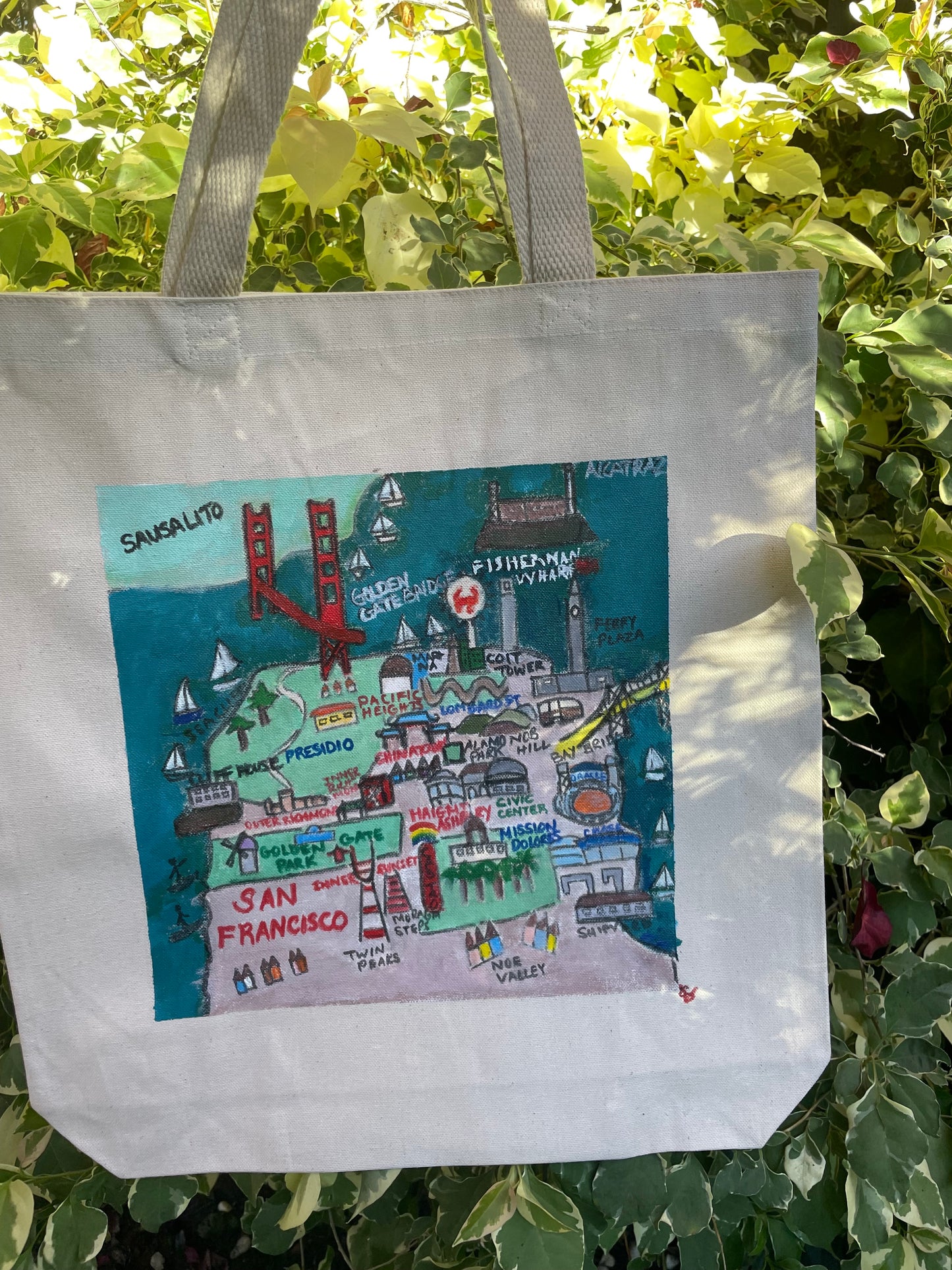 San Francisco landmarks hand-painted on a tote-bag