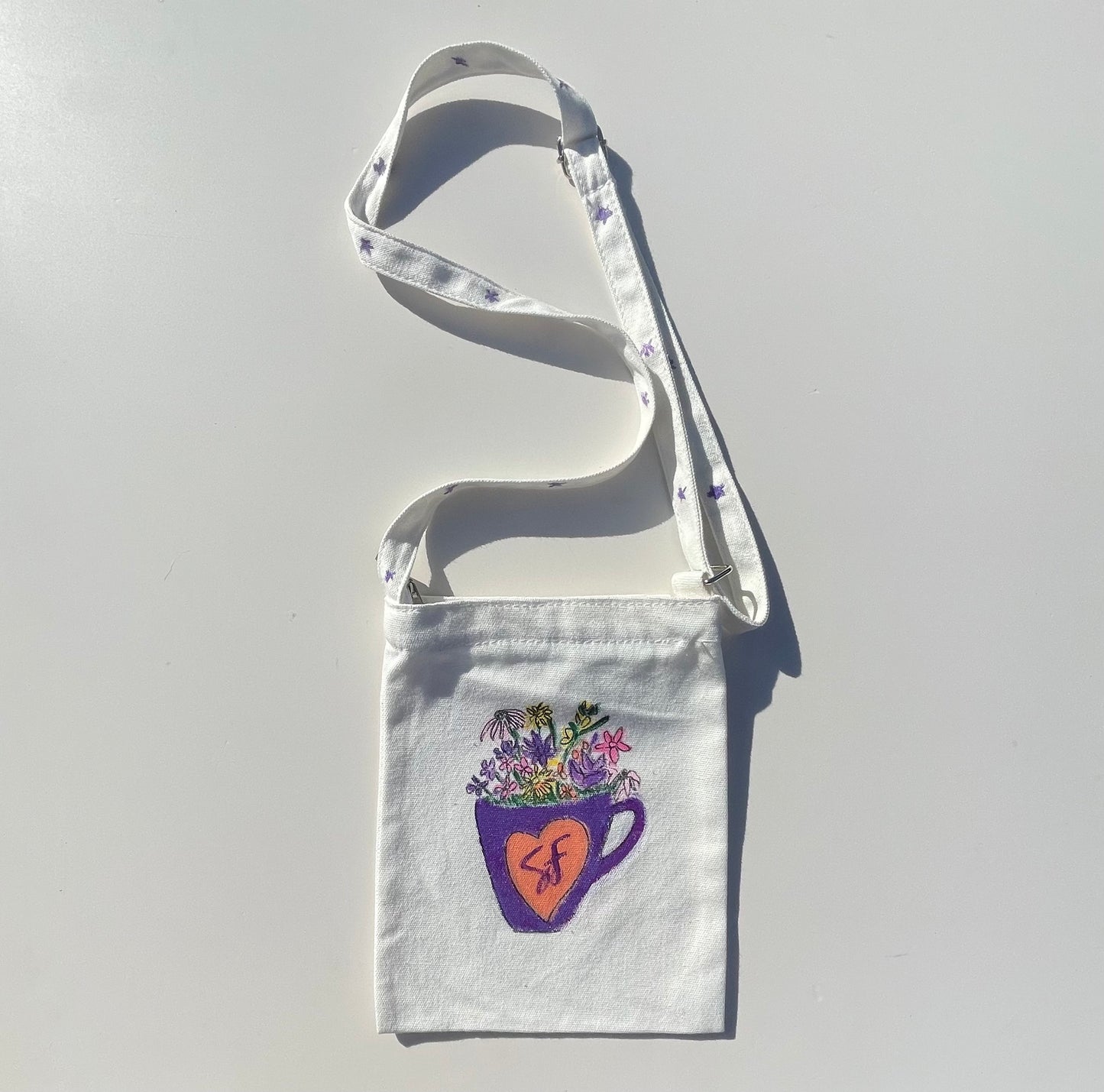 Sling-bag crossbody-bag hand-painted, cotton, reusable with purple coffee mug and wildflowers design