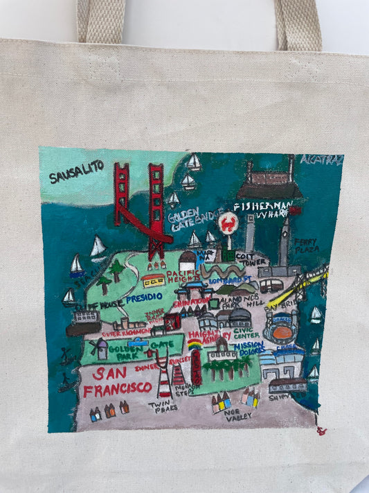 San Francisco landmarks hand-painted on a tote-bag