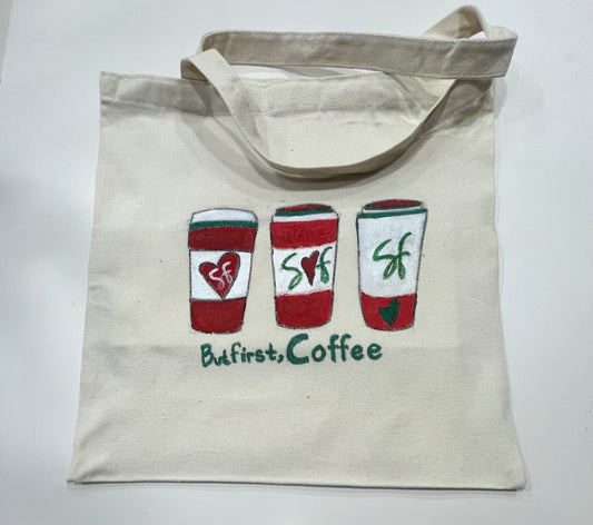 Tote-bag hand-painted San Francisco red coffee cups designs inspired by Mission Blue San Francisco Cafe