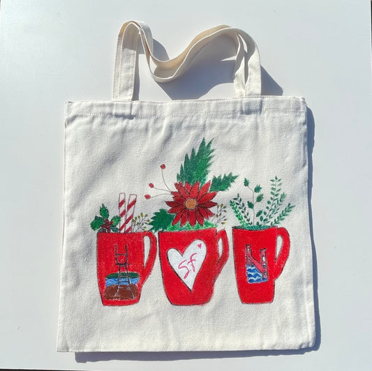 Tote-bag hand-painted San Francisco red coffee mugs with Golden Gate Bridge and Sutro Tower designs